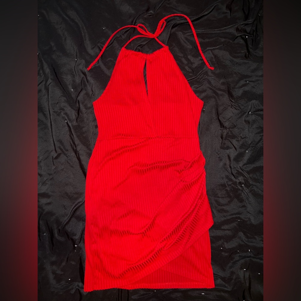 Red Halter Tie Peeakaboo Cocktail Minidress